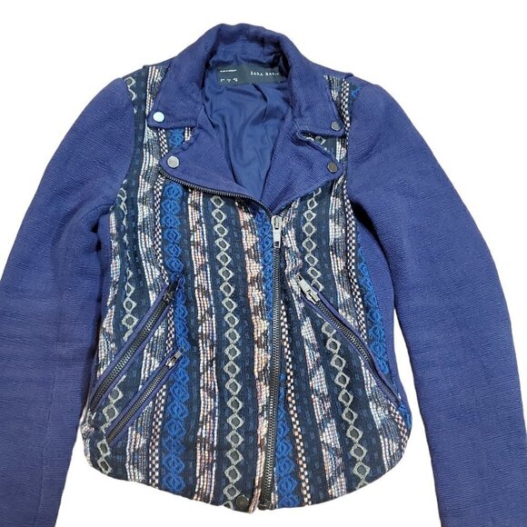 Zara Basic Womens Blue Aztec Tribal‎ Moto Asymmetrical Full Zip Jacket Size S - Picture 8 of 11